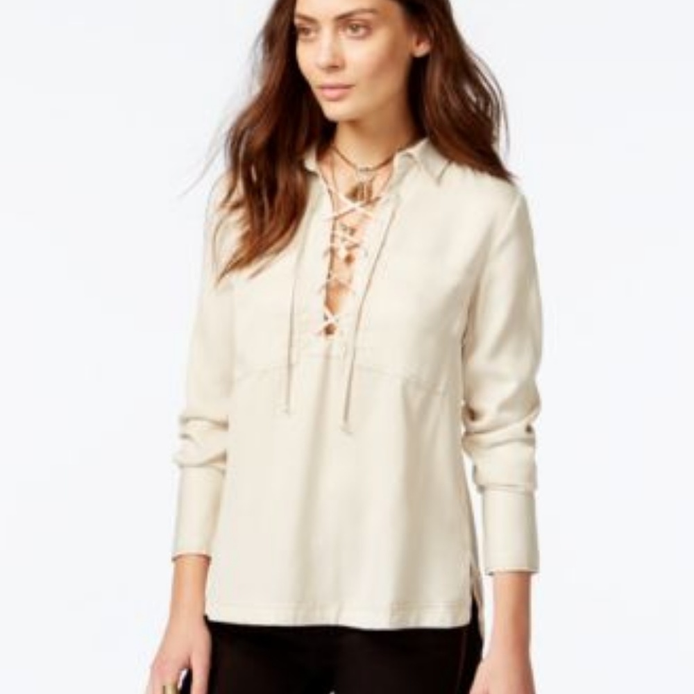 Free People Cream Laceup Tunic Blouse Long Sleeve
